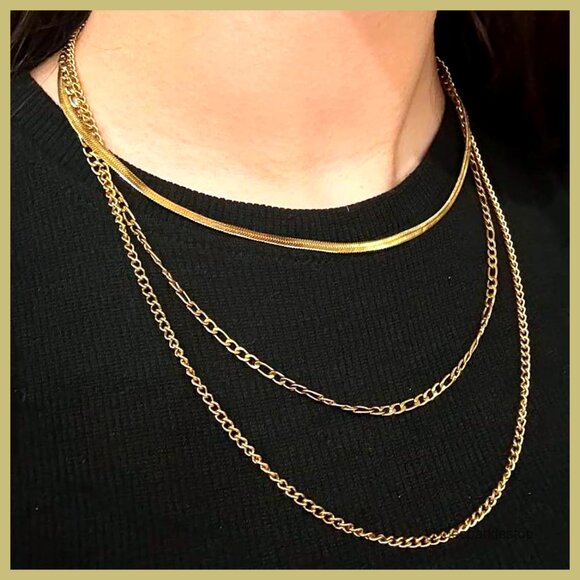 18K Gold Plated Stainless Steel Layered Pendant Necklace Adjustable